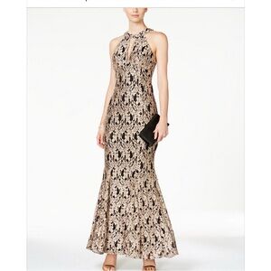 Halter Lace-Overlay Maxi Dress in Black and Beige